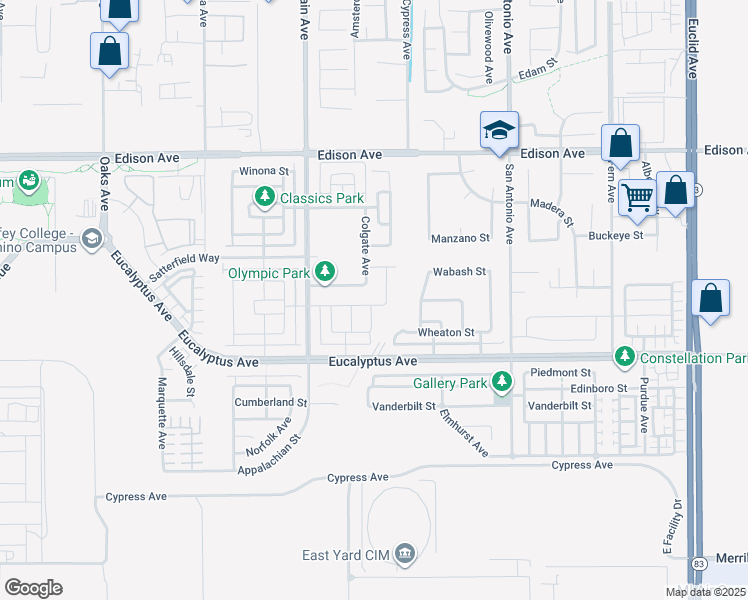 map of restaurants, bars, coffee shops, grocery stores, and more near 14429 Colby Avenue in Chino