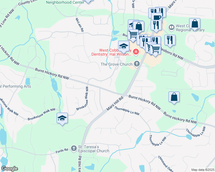 map of restaurants, bars, coffee shops, grocery stores, and more near 1593 Brynwood Court in Acworth