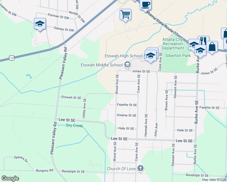 map of restaurants, bars, coffee shops, grocery stores, and more near 215 Etowah Street Southeast in Attalla