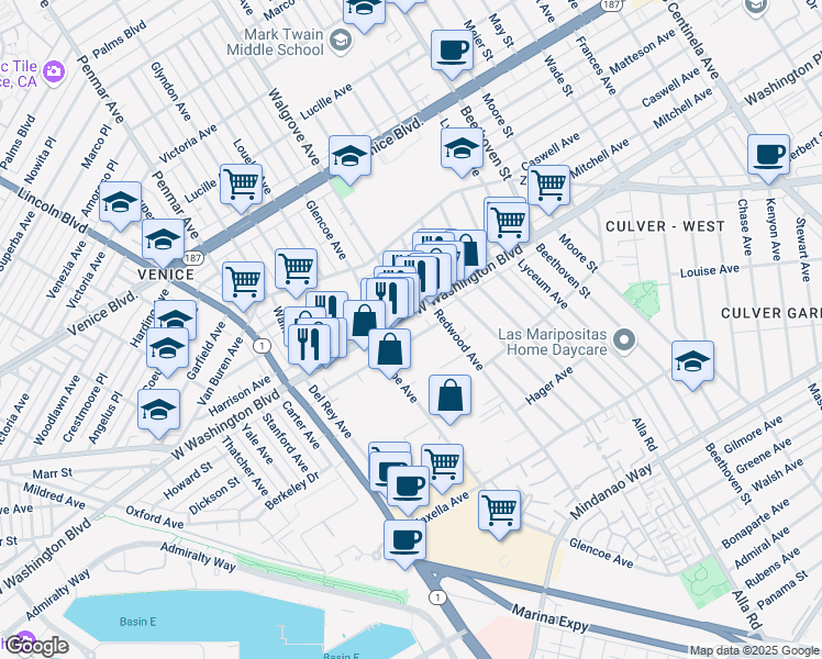 map of restaurants, bars, coffee shops, grocery stores, and more near 13337 Beach Avenue in Marina del Rey