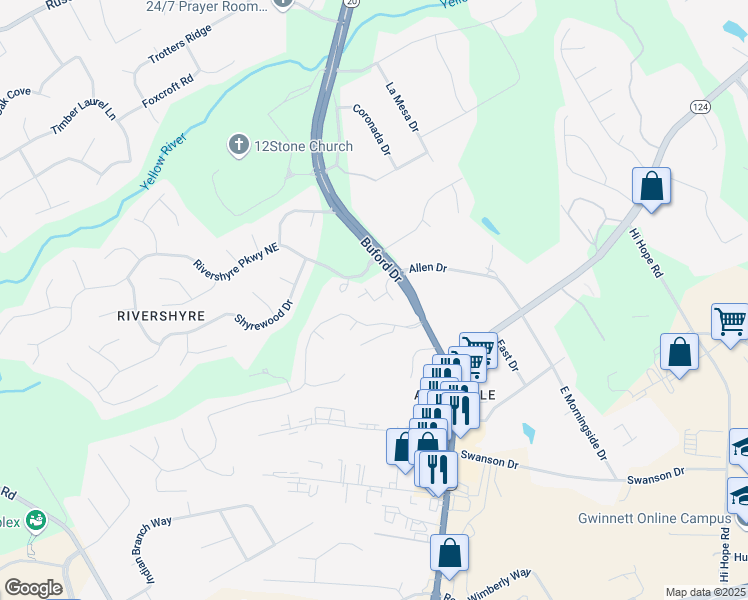 map of restaurants, bars, coffee shops, grocery stores, and more near Sunstone Lane in Gwinnett County