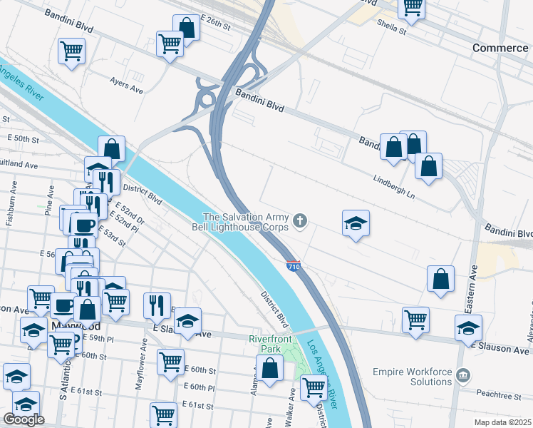map of restaurants, bars, coffee shops, grocery stores, and more near 5390 Rickenbacker Road in Bell