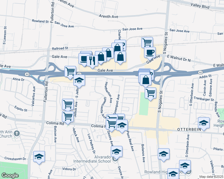 map of restaurants, bars, coffee shops, grocery stores, and more near 18707 Larne Street in Rowland Heights