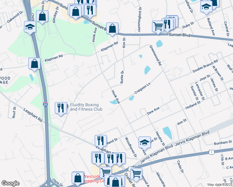 map of restaurants, bars, coffee shops, grocery stores, and more near 108 Burlie Drive in West Columbia