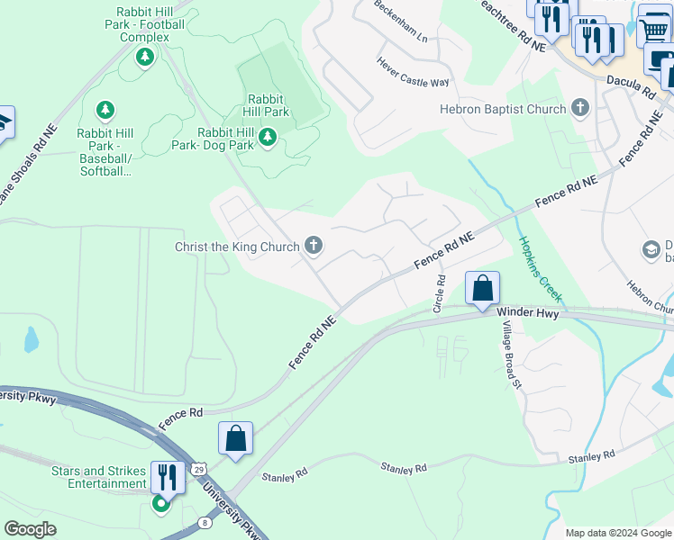 map of restaurants, bars, coffee shops, grocery stores, and more near 214 Rabbit Hill Road in Dacula
