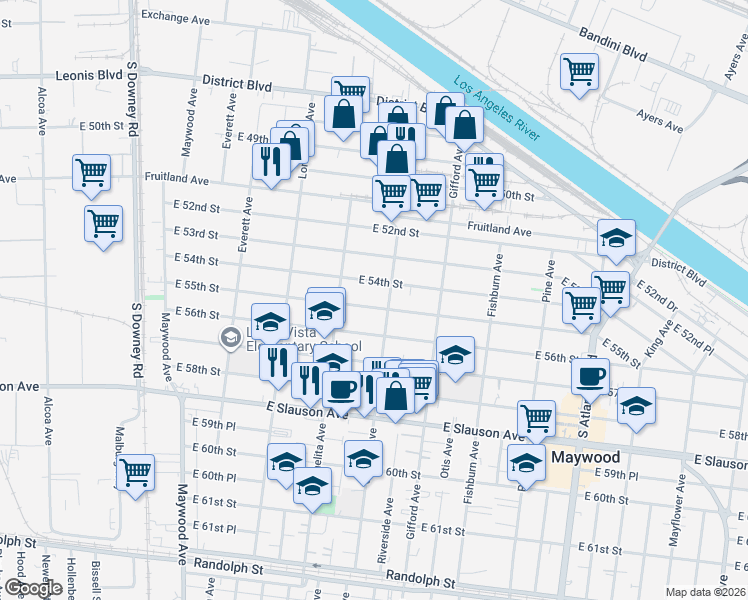 map of restaurants, bars, coffee shops, grocery stores, and more near 3921 East 54th Street in Maywood
