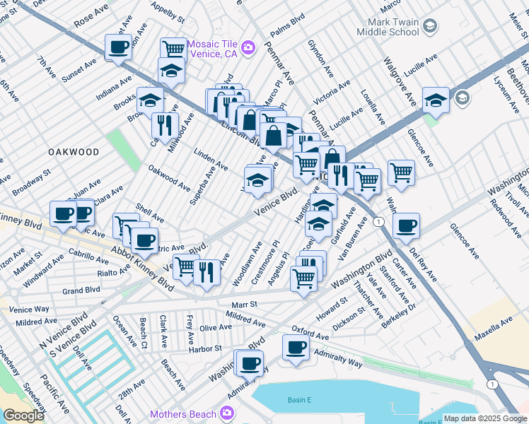 map of restaurants, bars, coffee shops, grocery stores, and more near 849 Victoria Avenue in Los Angeles
