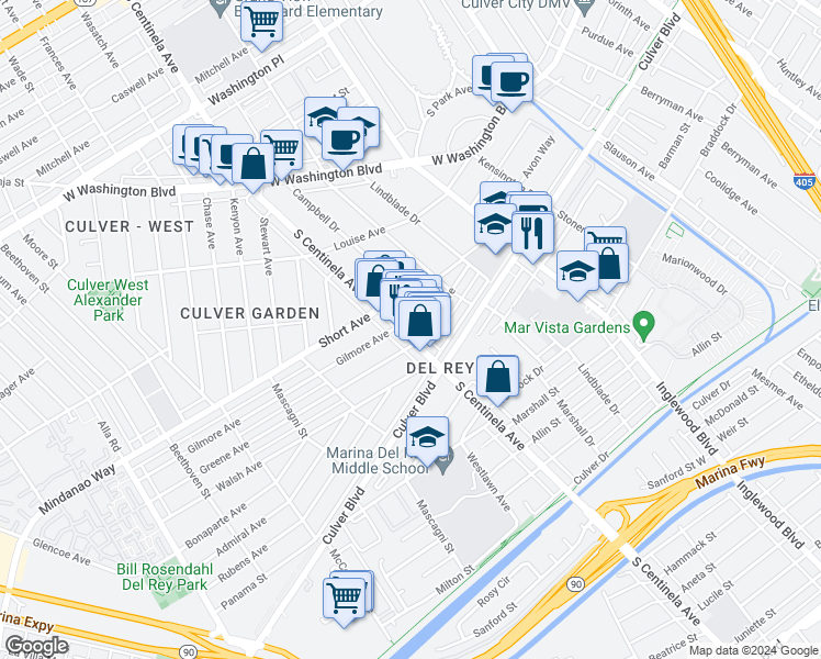map of restaurants, bars, coffee shops, grocery stores, and more near 4546 South Centinela Avenue in Los Angeles