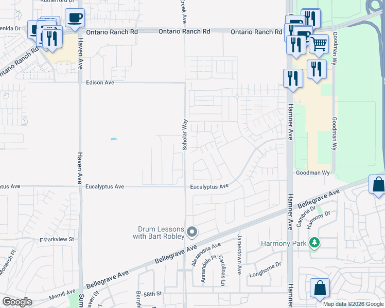 map of restaurants, bars, coffee shops, grocery stores, and more near 3922 East Cambria Privado in Ontario