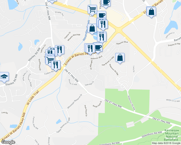 map of restaurants, bars, coffee shops, grocery stores, and more near 1650 Perserverence Hill Circle in Kennesaw