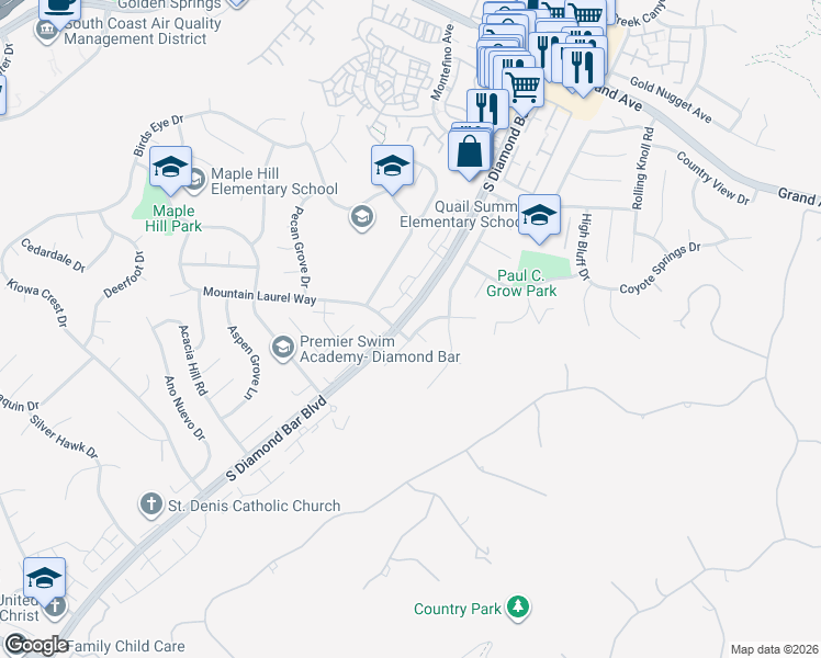 map of restaurants, bars, coffee shops, grocery stores, and more near 1643 Silver Rain Drive in Diamond Bar