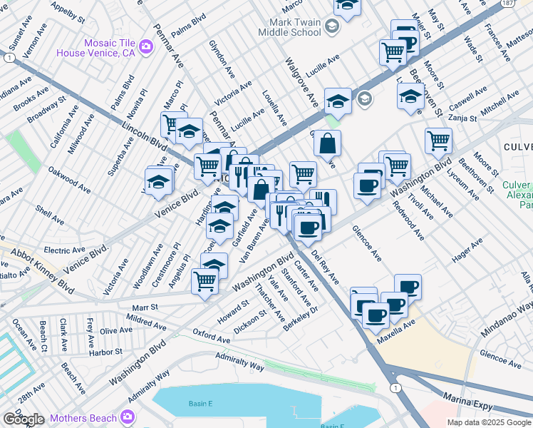 map of restaurants, bars, coffee shops, grocery stores, and more near 13520 Zanja Street in Los Angeles