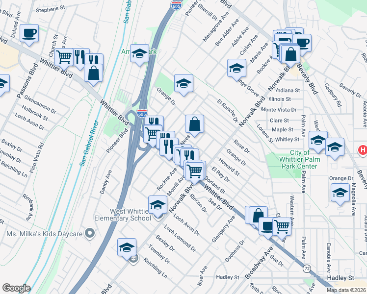map of restaurants, bars, coffee shops, grocery stores, and more near 5920 McNees Avenue in Whittier
