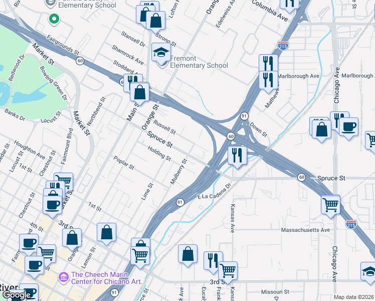 map of restaurants, bars, coffee shops, grocery stores, and more near 3356 Russell Street in Riverside