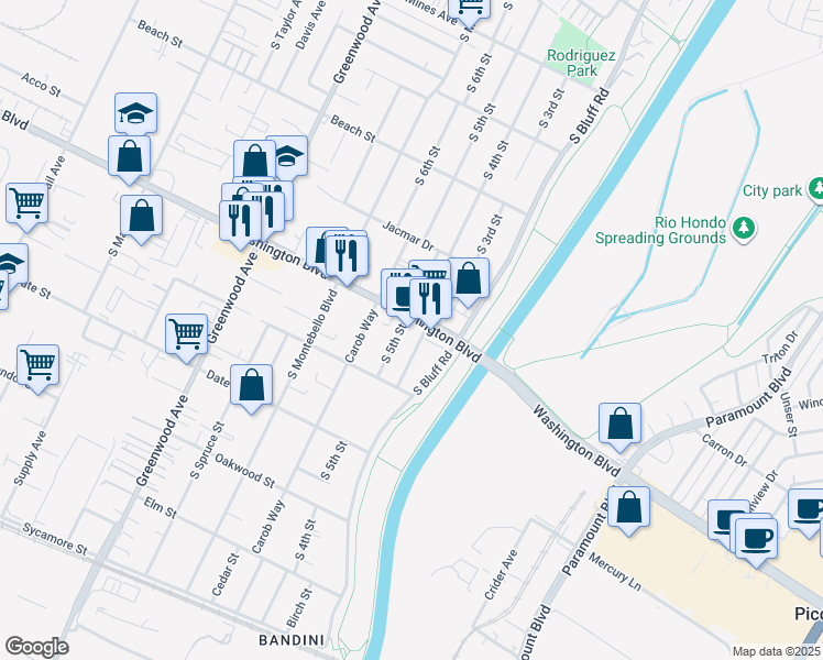 map of restaurants, bars, coffee shops, grocery stores, and more near 420 Washington Boulevard in Montebello
