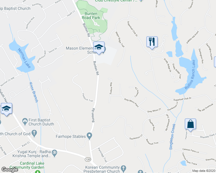 map of restaurants, bars, coffee shops, grocery stores, and more near 2796 Eudora Way in Duluth