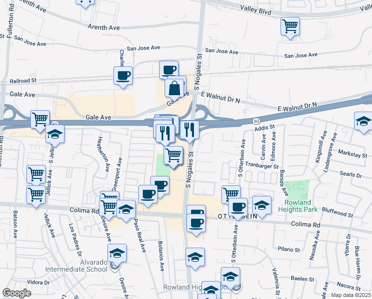 map of restaurants, bars, coffee shops, grocery stores, and more near 1355 Nogales Street in La Puente