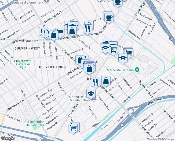 map of restaurants, bars, coffee shops, grocery stores, and more near 4546 South Centinela Avenue in Los Angeles