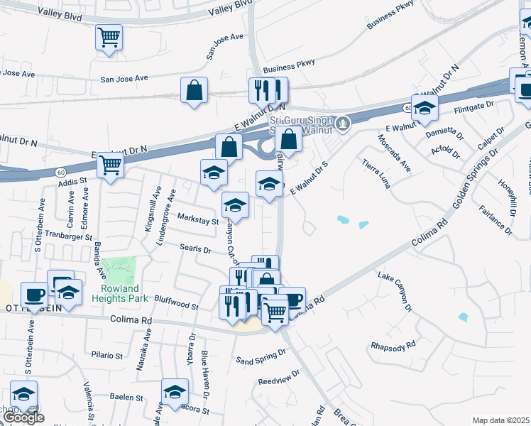 map of restaurants, bars, coffee shops, grocery stores, and more near 19703 Heathridge Circle in Walnut