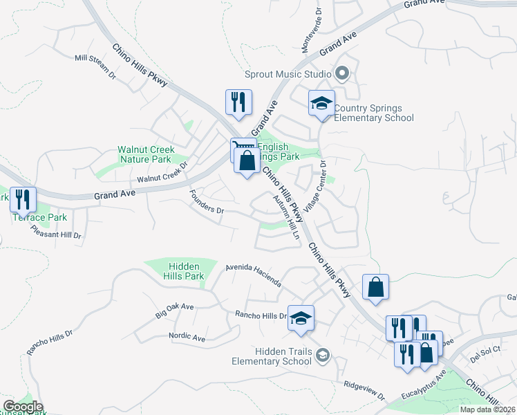 map of restaurants, bars, coffee shops, grocery stores, and more near 14326 Village View Lane in Chino Hills