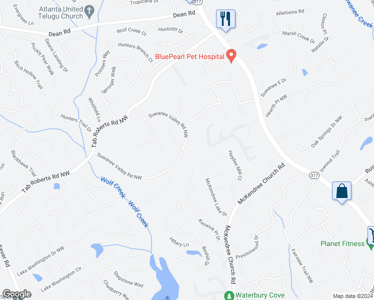 map of restaurants, bars, coffee shops, grocery stores, and more near 1869 Suwanee Valley Road Northwest in Lawrenceville