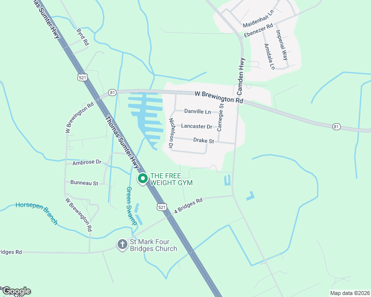 map of restaurants, bars, coffee shops, grocery stores, and more near 2555 Nicholson Drive in Sumter
