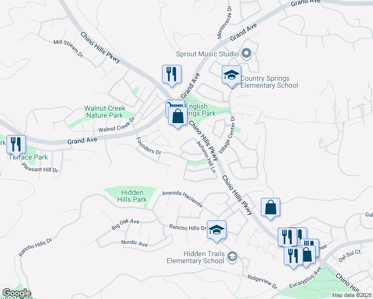 map of restaurants, bars, coffee shops, grocery stores, and more near 14326 Village View Lane in Chino Hills