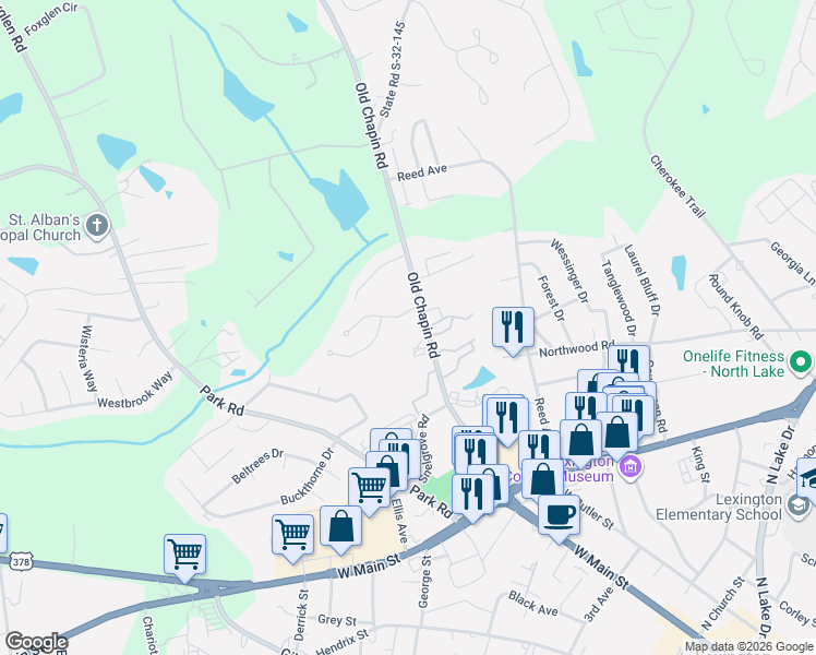 map of restaurants, bars, coffee shops, grocery stores, and more near 104 Heights Avenue in Lexington