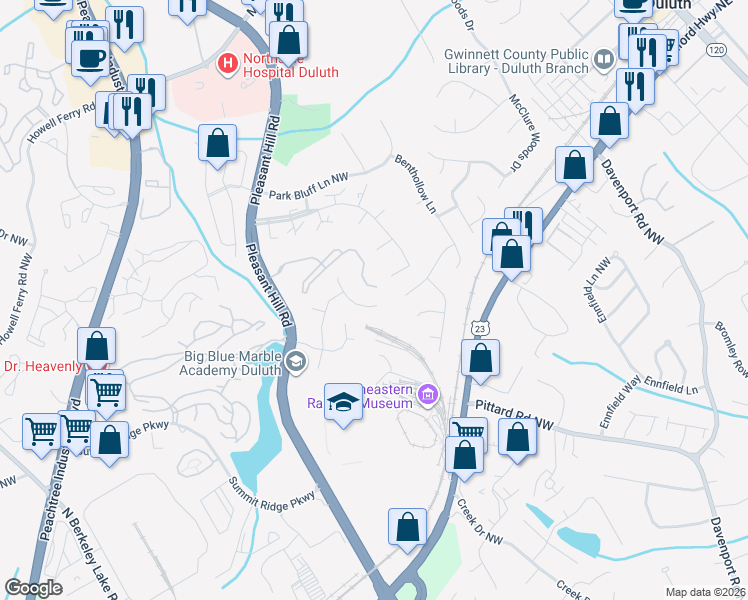 map of restaurants, bars, coffee shops, grocery stores, and more near 3550 Pleasant Hill Road in Duluth