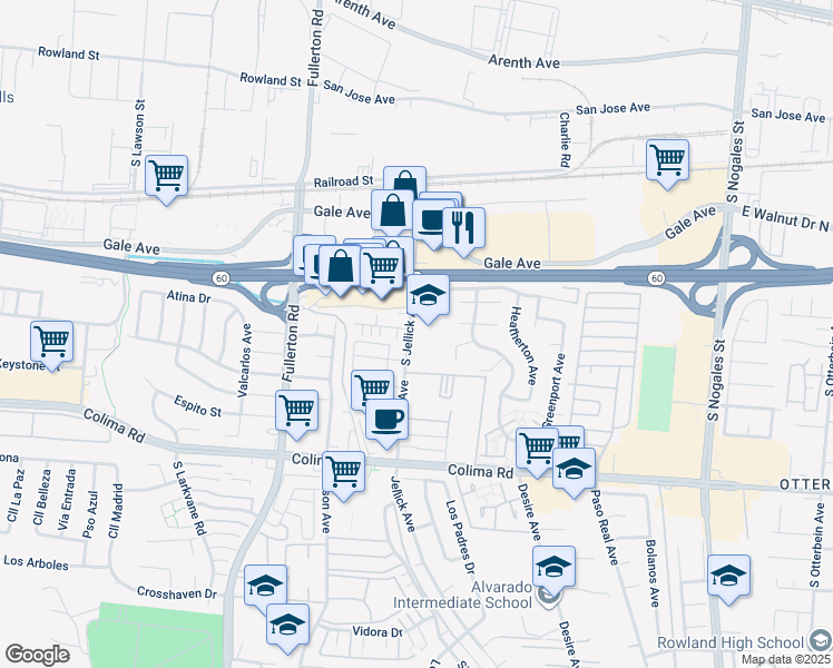 map of restaurants, bars, coffee shops, grocery stores, and more near 1400 South Jellick Avenue in Rowland Heights