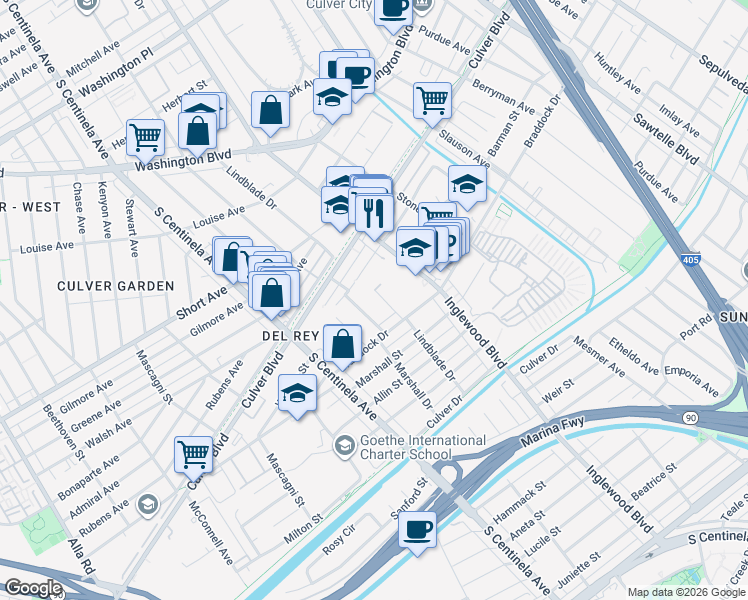 map of restaurants, bars, coffee shops, grocery stores, and more near 12120 Wagner Street in Culver City