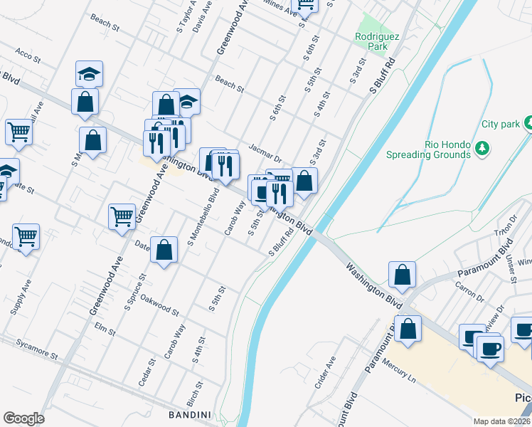 map of restaurants, bars, coffee shops, grocery stores, and more near 420 Washington Boulevard in Montebello