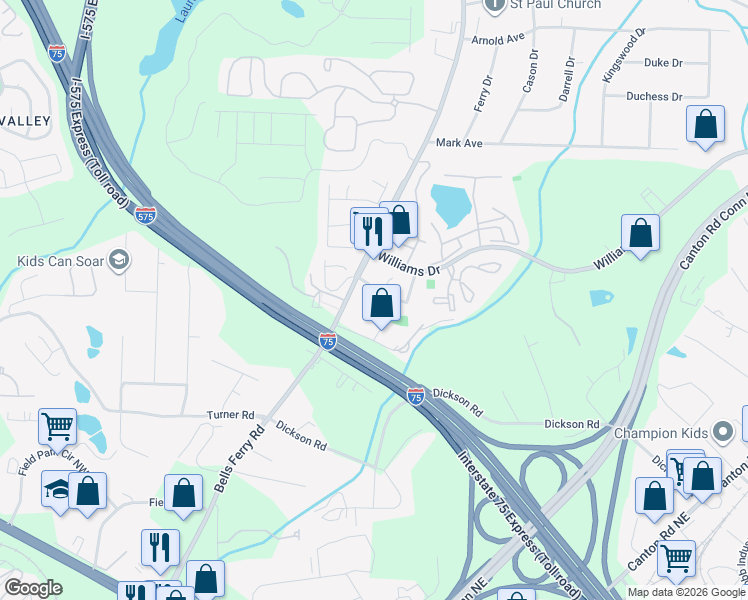 map of restaurants, bars, coffee shops, grocery stores, and more near 155 Bridgestone Drive in Marietta