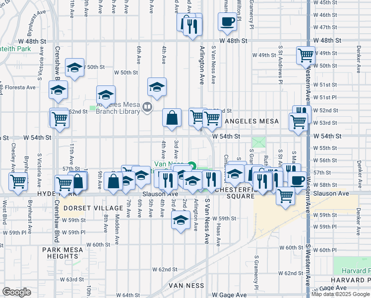 map of restaurants, bars, coffee shops, grocery stores, and more near 5429 2nd Avenue in Los Angeles