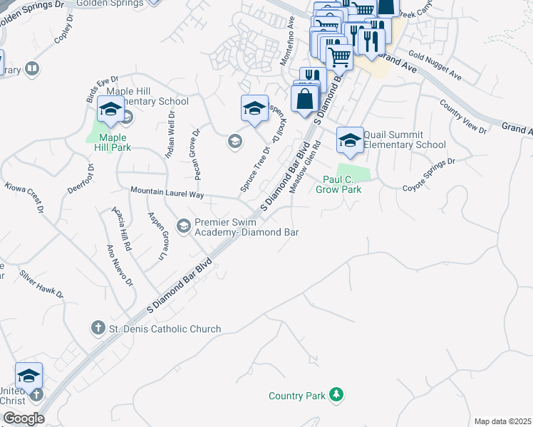 map of restaurants, bars, coffee shops, grocery stores, and more near 1643 Silver Rain Drive in Diamond Bar