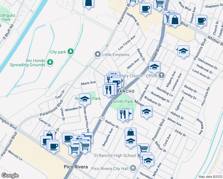 map of restaurants, bars, coffee shops, grocery stores, and more near 8836 Mines Avenue in Pico Rivera