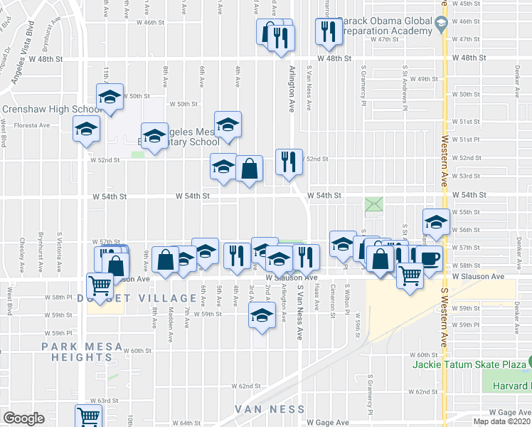 map of restaurants, bars, coffee shops, grocery stores, and more near 5429 2nd Avenue in Los Angeles