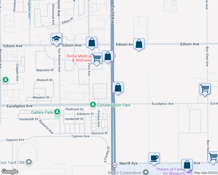 map of restaurants, bars, coffee shops, grocery stores, and more near 14391 Figueroa Lane in Chino