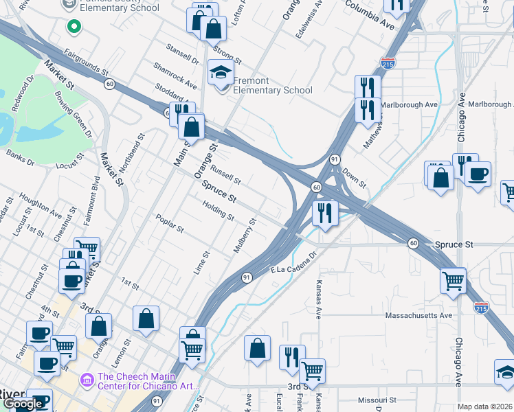 map of restaurants, bars, coffee shops, grocery stores, and more near 3356 Russell Street in Riverside