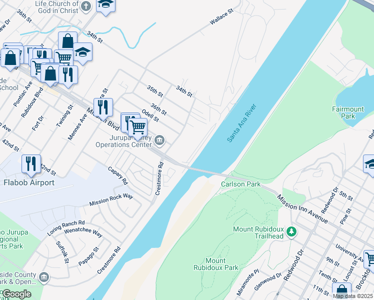 map of restaurants, bars, coffee shops, grocery stores, and more near 3582 Crestmore Road in Riverside