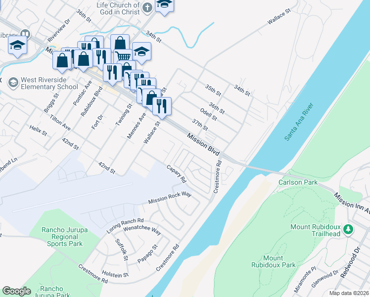 map of restaurants, bars, coffee shops, grocery stores, and more near 5330 Mission Boulevard in Riverside