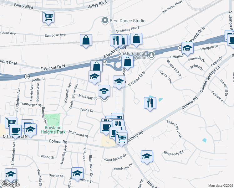 map of restaurants, bars, coffee shops, grocery stores, and more near 1211 Oakburn Drive in Walnut