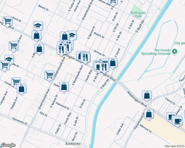 map of restaurants, bars, coffee shops, grocery stores, and more near 525 Washington Boulevard in Montebello