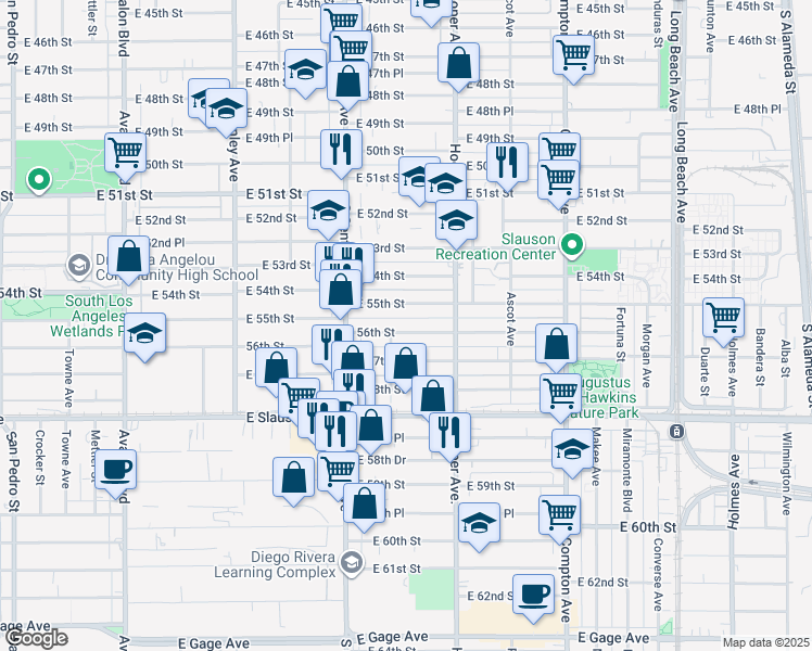 map of restaurants, bars, coffee shops, grocery stores, and more near 1201 East 55th Street in Los Angeles