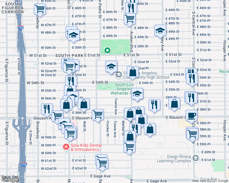 map of restaurants, bars, coffee shops, grocery stores, and more near 5413 South Avalon Boulevard in Los Angeles