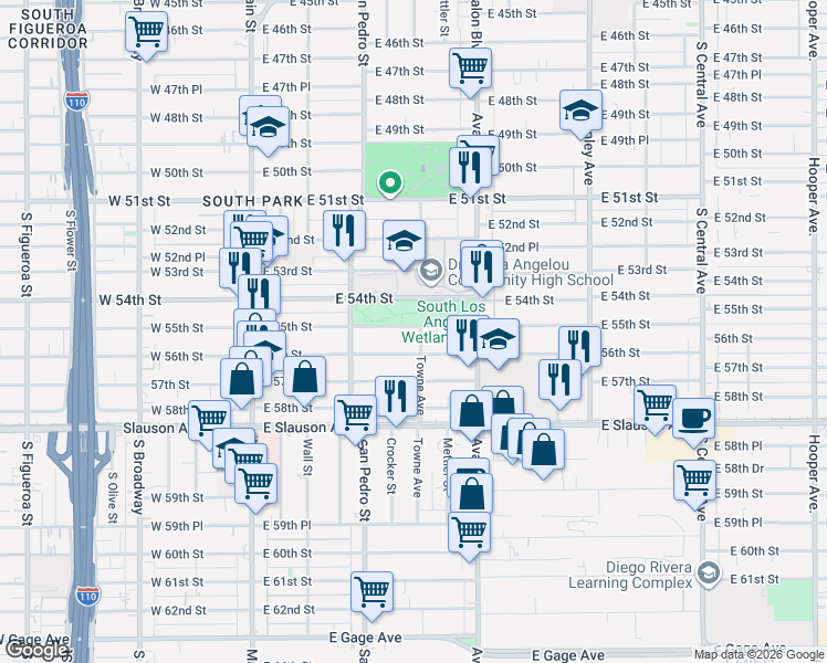 map of restaurants, bars, coffee shops, grocery stores, and more near 5413 South Avalon Boulevard in Los Angeles