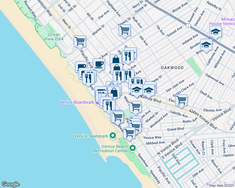 map of restaurants, bars, coffee shops, grocery stores, and more near 800 Main Street in Los Angeles