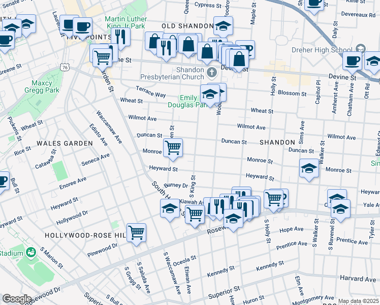 map of restaurants, bars, coffee shops, grocery stores, and more near 2508 Duncan Street in Columbia