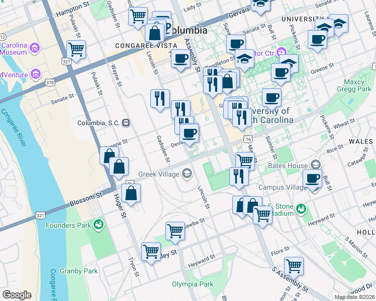 map of restaurants, bars, coffee shops, grocery stores, and more near 611 Park Street in Columbia
