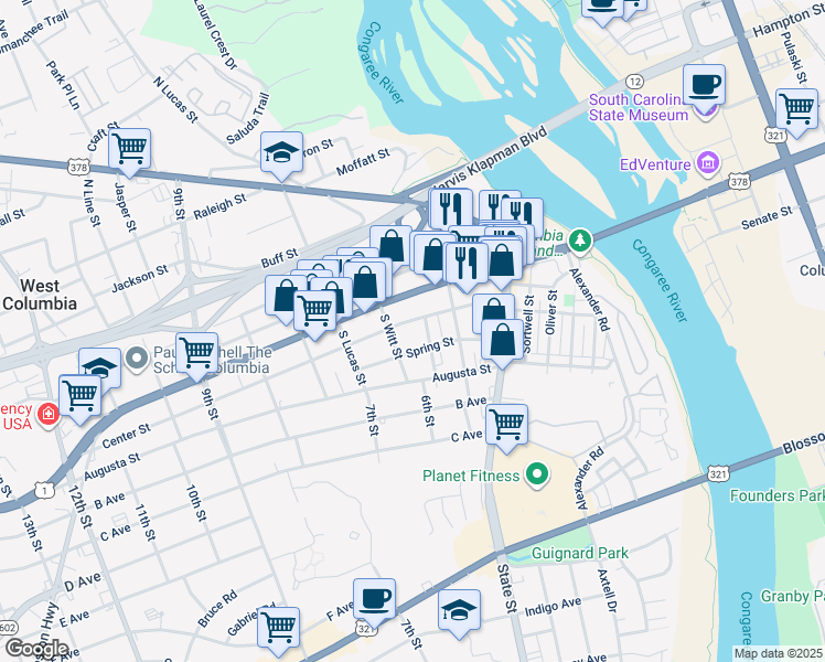 map of restaurants, bars, coffee shops, grocery stores, and more near 541 Meeting Street in West Columbia